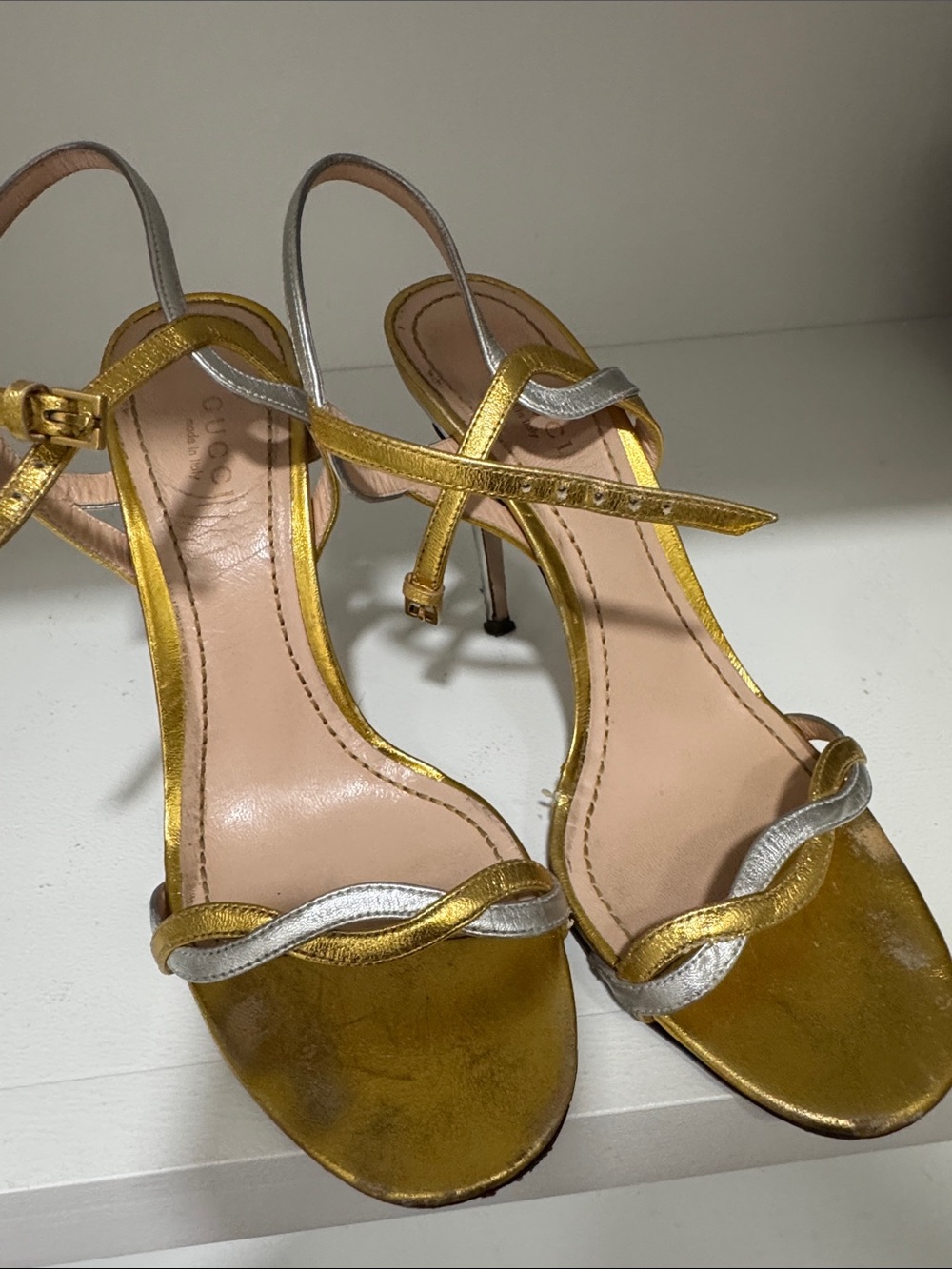 Gucci Gold and Silver Metallic Twist Strap Heeled Sandals